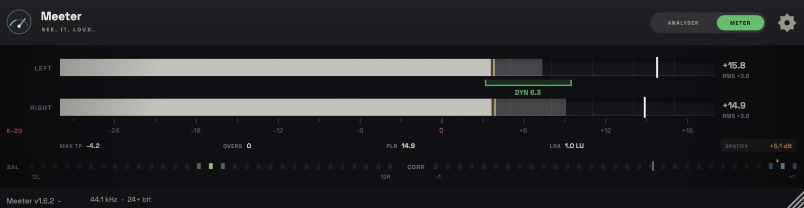Meeter metering rail: peak and RMS ribbons on the K-20 scale with the dynamic range bracket