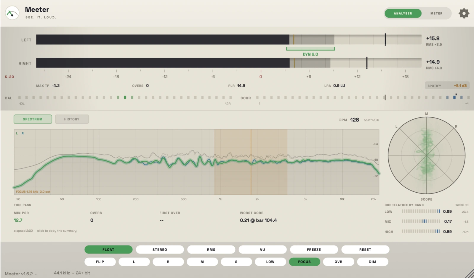 Meeter in the light theme: spectrum analyser with FOCUS, goniometer and correlation by band
