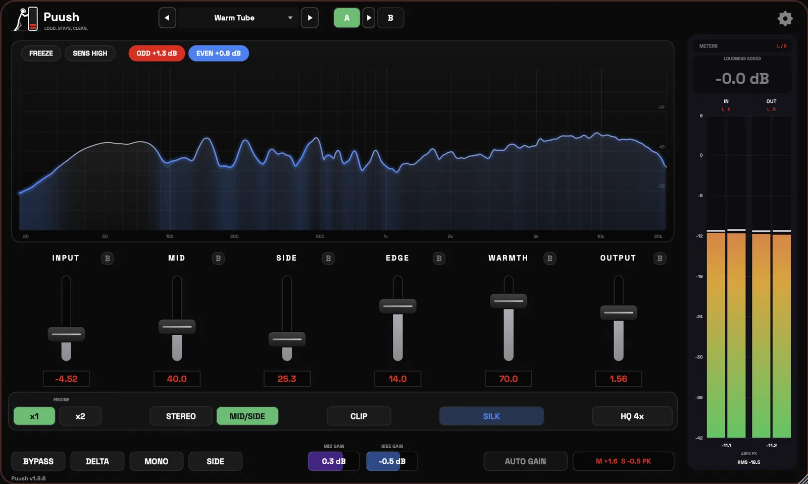 PUUSH on the Warm Tube preset with the SILK circuit and an AUTO GAIN match showing M and S