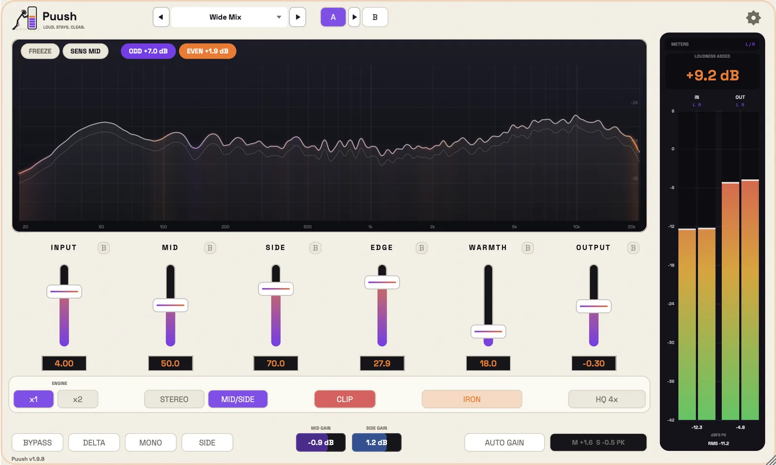 PUUSH in the Light skin on the Wide Mix preset, MID/SIDE mode with the IRON circuit